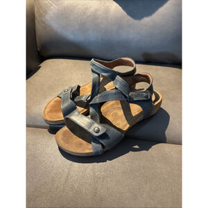 Taos Womens 6-6.5 Universe Sandals Shoes Blue Leather Cork Comfort Strappy Wedge